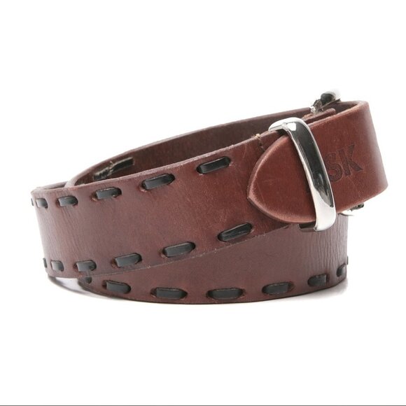 Vintage ASK Leather Belt Single Prong Contrast Trimmed Brown Black Silver Buckle - Picture 10 of 12